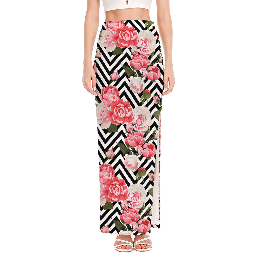 Zigzag Peony And Rose Pattern Print High Slit Maxi Skirt