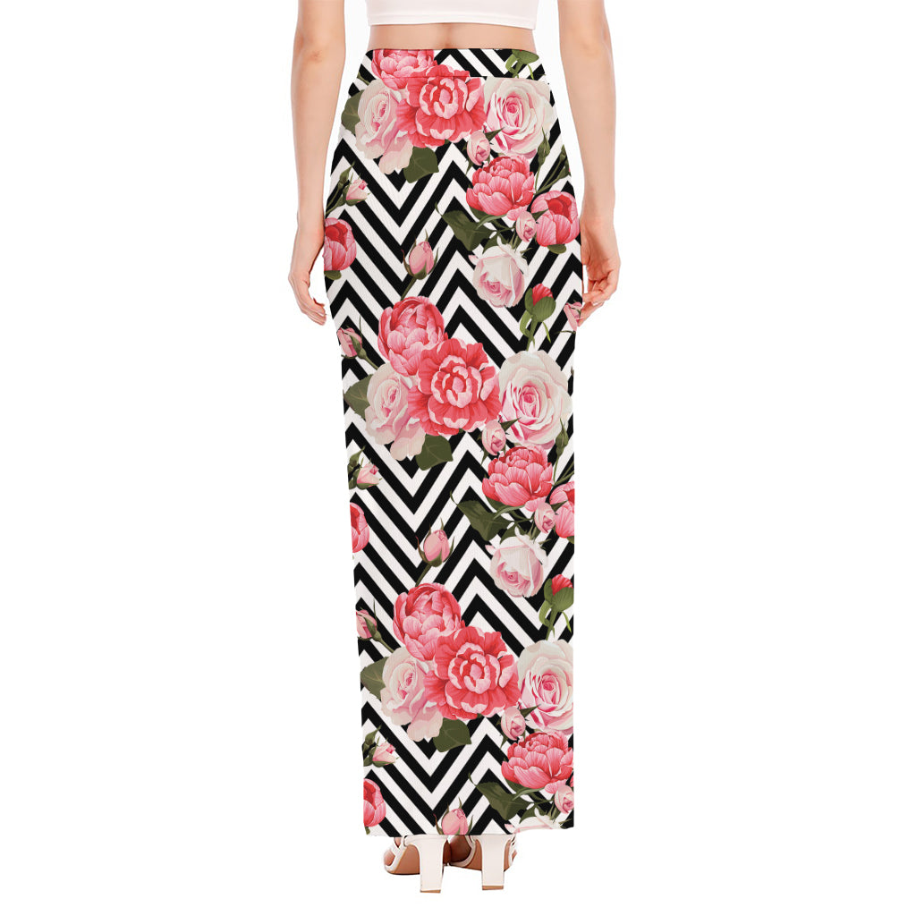 Zigzag Peony And Rose Pattern Print High Slit Maxi Skirt