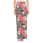 Zigzag Peony And Rose Pattern Print High Slit Maxi Skirt