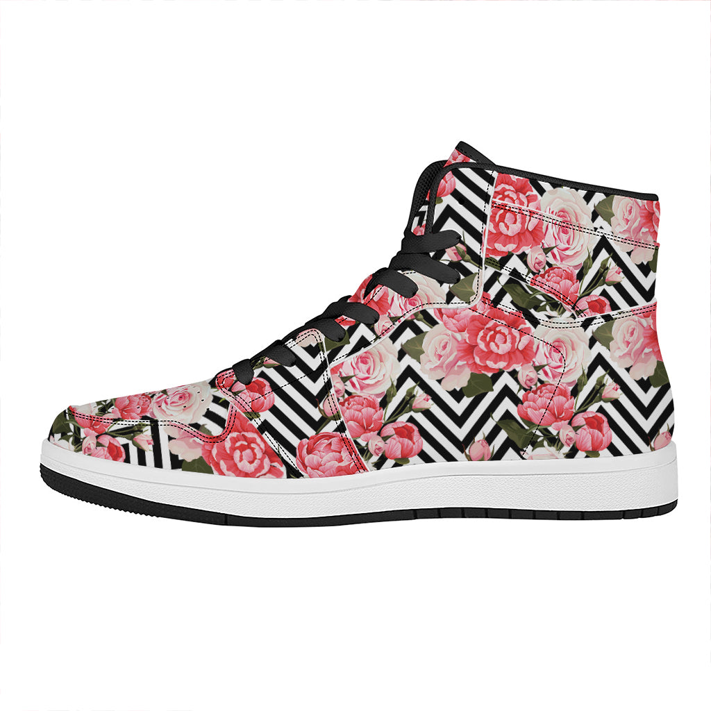 Zigzag Peony And Rose Pattern Print High Top Leather Sneakers