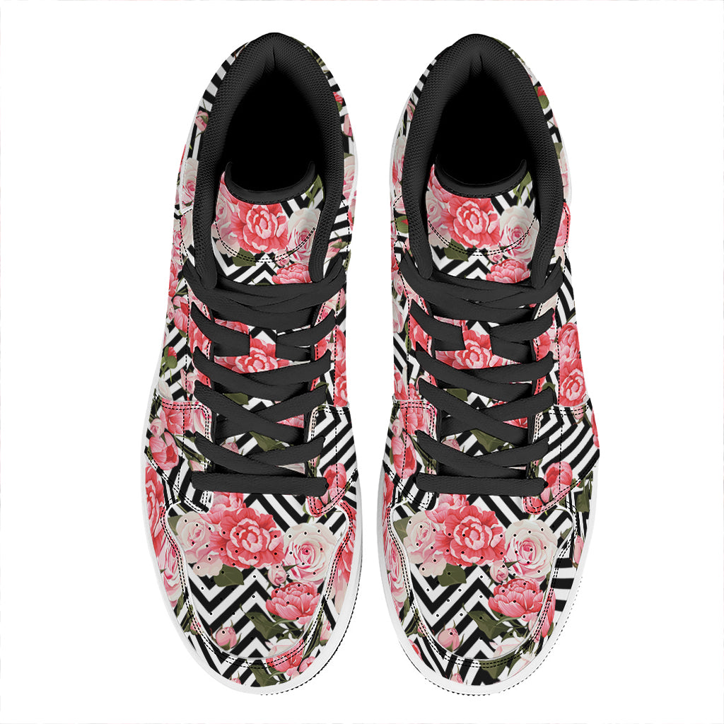 Zigzag Peony And Rose Pattern Print High Top Leather Sneakers
