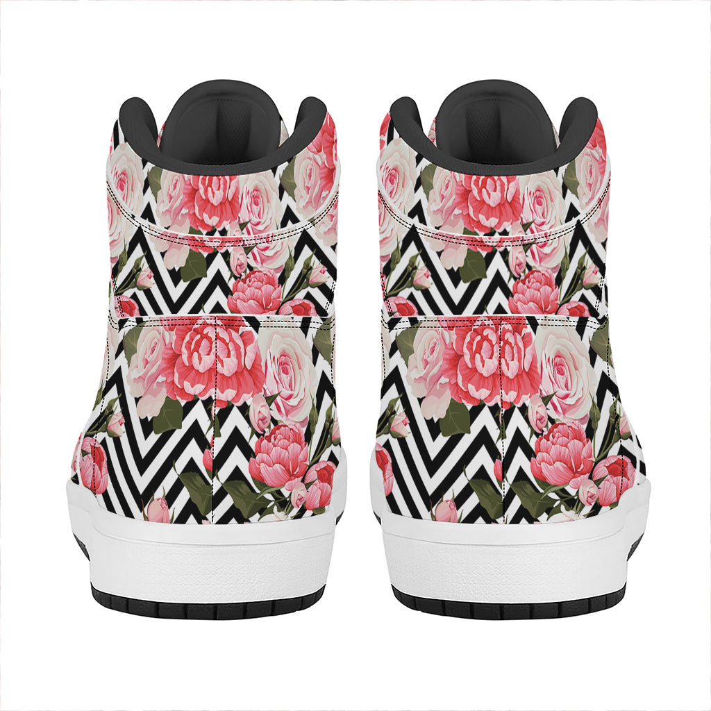 Zigzag Peony And Rose Pattern Print High Top Leather Sneakers