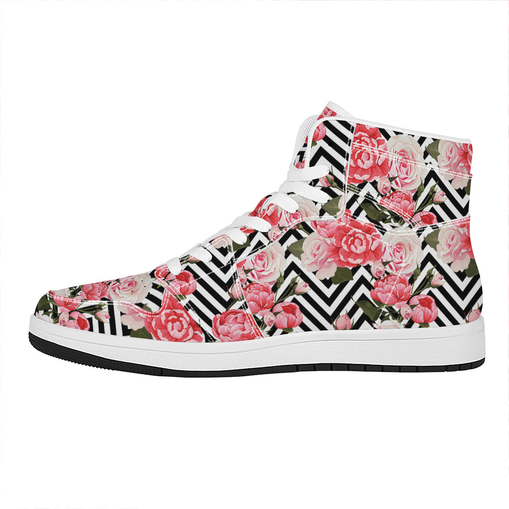 Zigzag Peony And Rose Pattern Print High Top Leather Sneakers