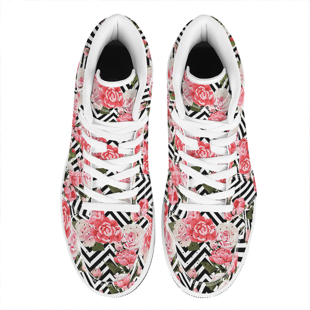 Zigzag Peony And Rose Pattern Print High Top Leather Sneakers