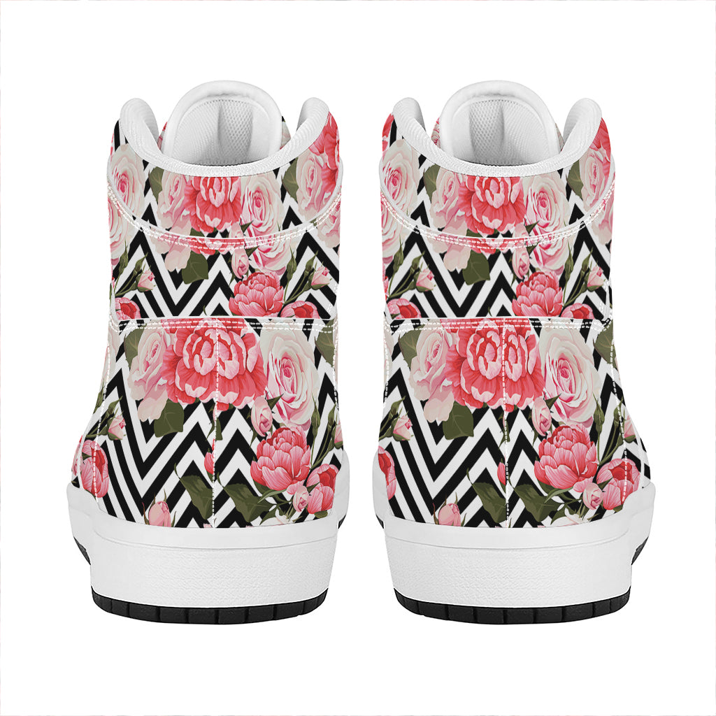Zigzag Peony And Rose Pattern Print High Top Leather Sneakers