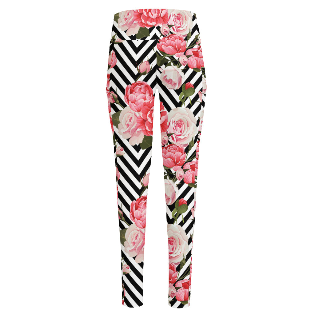 Zigzag Peony And Rose Pattern Print High-Waisted Pocket Leggings