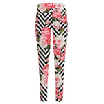 Zigzag Peony And Rose Pattern Print High-Waisted Pocket Leggings