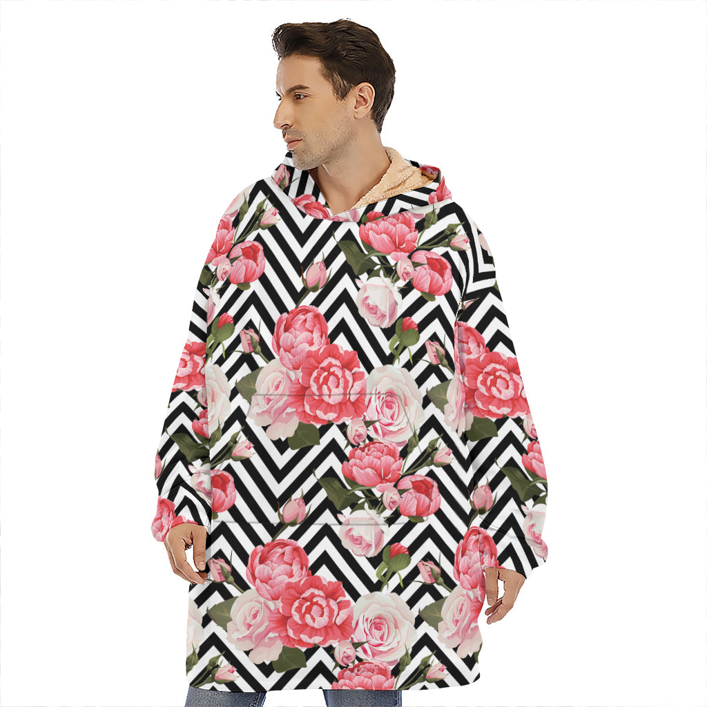 Zigzag Peony And Rose Pattern Print Hoodie Blanket