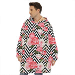Zigzag Peony And Rose Pattern Print Hoodie Blanket