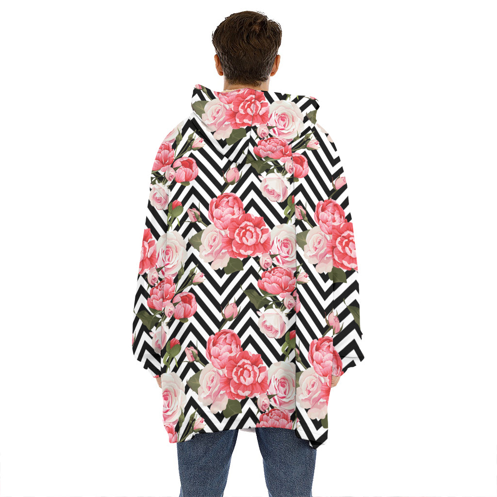 Zigzag Peony And Rose Pattern Print Hoodie Blanket