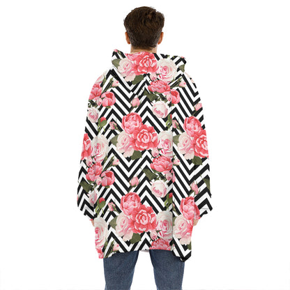 Zigzag Peony And Rose Pattern Print Hoodie Blanket