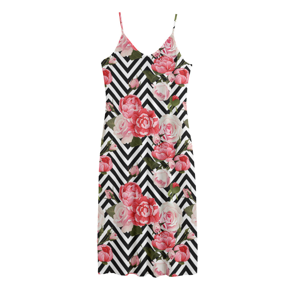 Zigzag Peony And Rose Pattern Print Jersey Midi Cami Dress