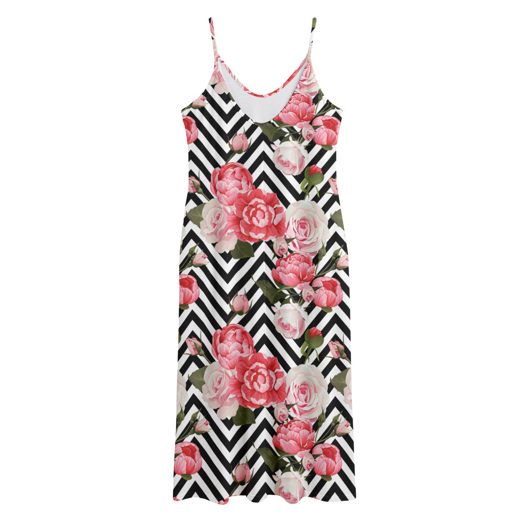 Zigzag Peony And Rose Pattern Print Jersey Midi Cami Dress
