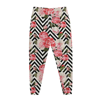 Zigzag Peony And Rose Pattern Print Jogger Pants