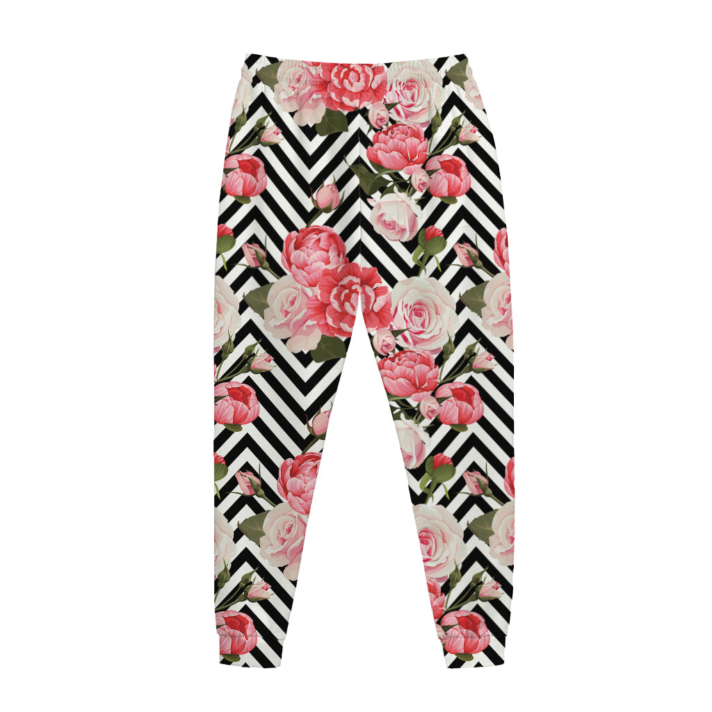 Zigzag Peony And Rose Pattern Print Jogger Pants