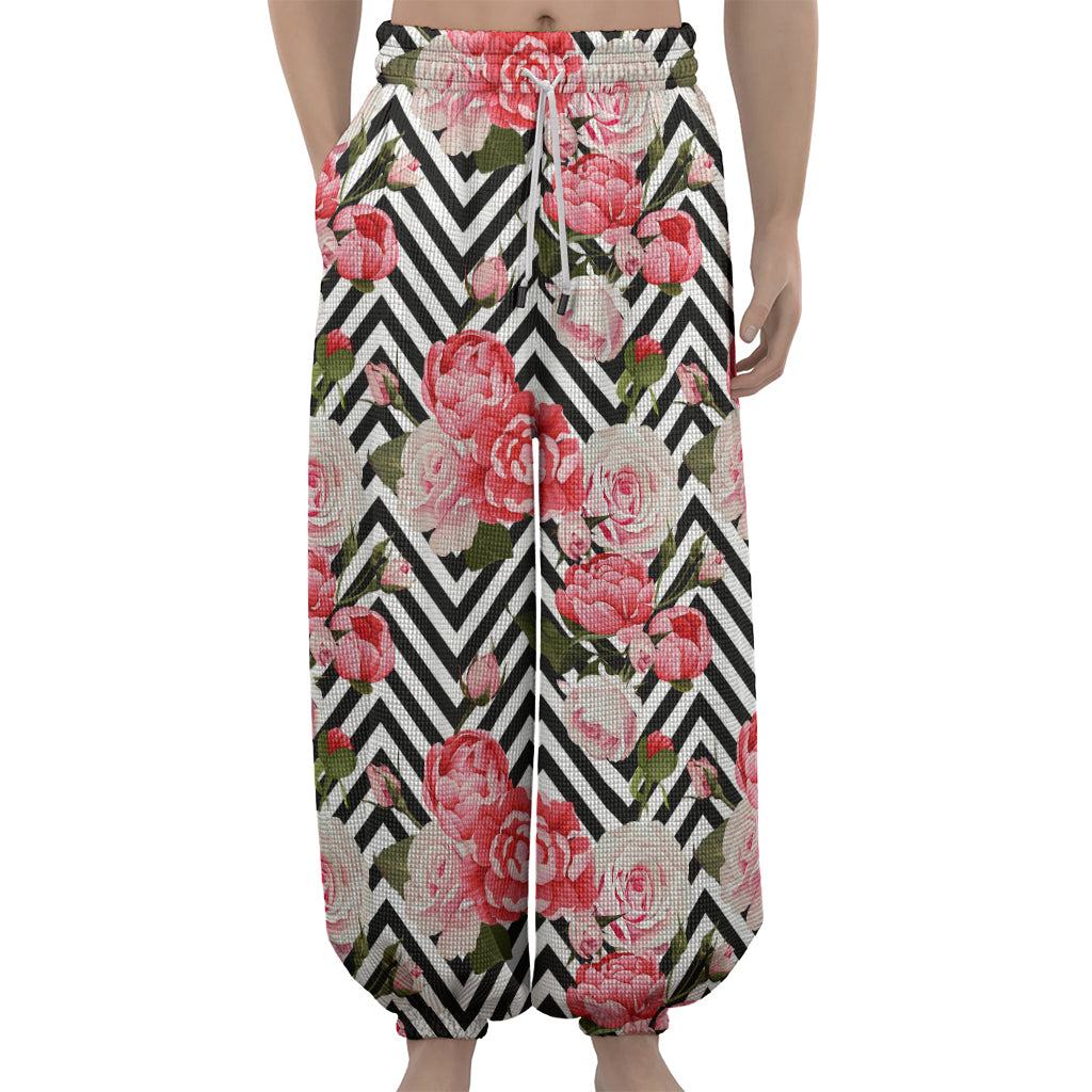 Zigzag Peony And Rose Pattern Print Lantern Pants