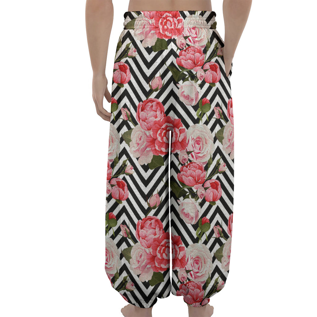 Zigzag Peony And Rose Pattern Print Lantern Pants