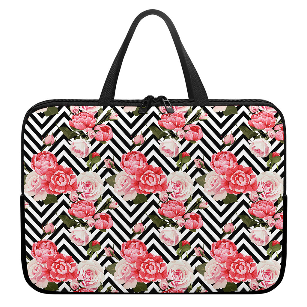 Zigzag Peony And Rose Pattern Print Laptop Sleeve With Handle