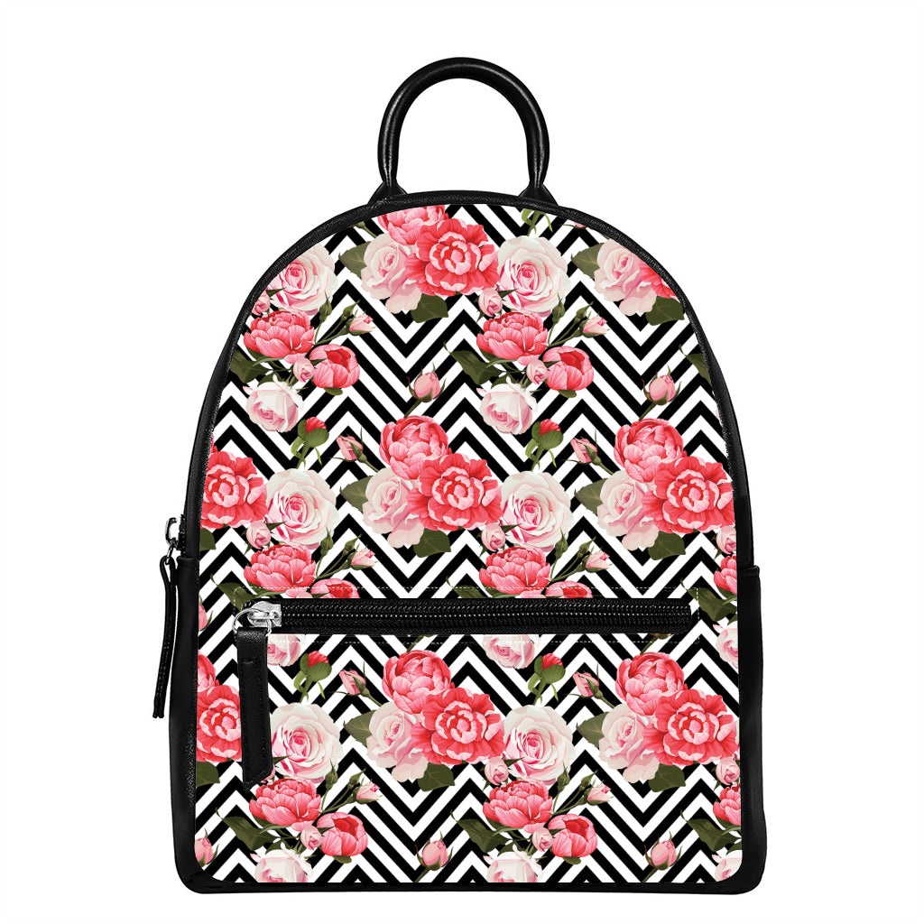 Zigzag Peony And Rose Pattern Print Leather Backpack