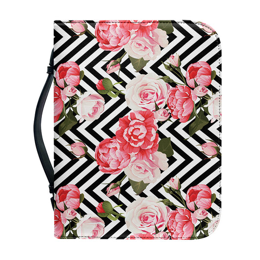Zigzag Peony And Rose Pattern Print Leather Bible Cover