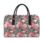 Zigzag Peony And Rose Pattern Print Leather Duffle Bag