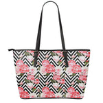Zigzag Peony And Rose Pattern Print Leather Tote Bag