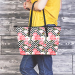 Zigzag Peony And Rose Pattern Print Leather Tote Bag
