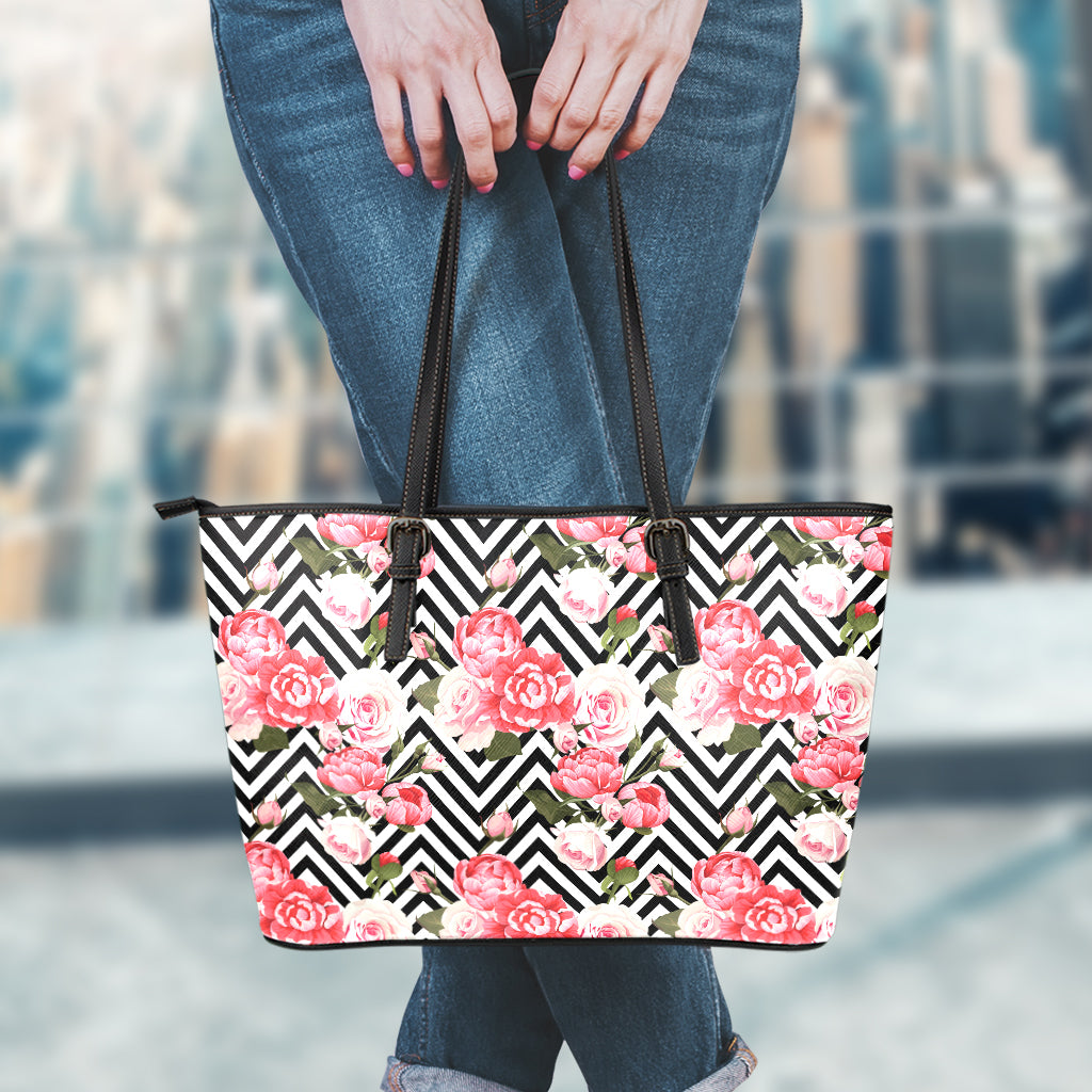 Zigzag Peony And Rose Pattern Print Leather Tote Bag