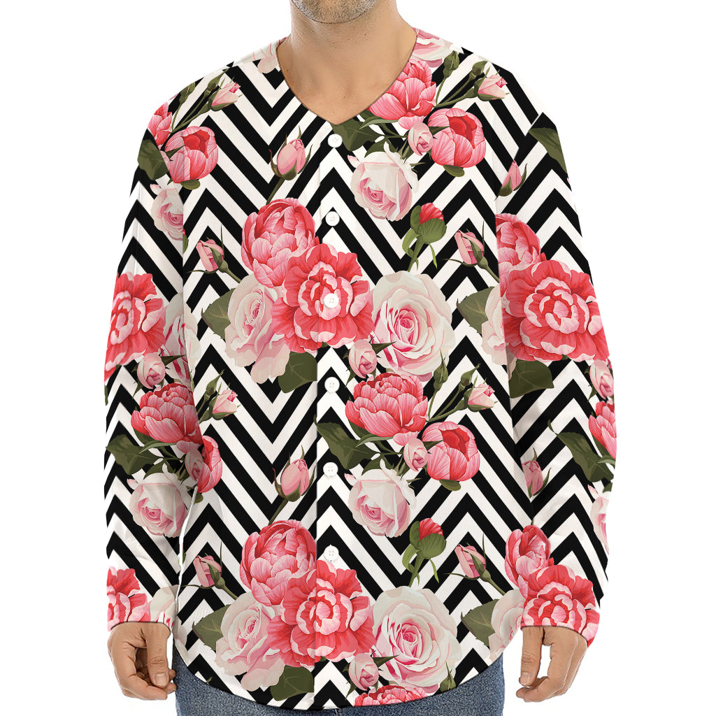 Zigzag Peony And Rose Pattern Print Long Sleeve Baseball Jersey