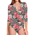 Zigzag Peony And Rose Pattern Print Long Sleeve Swimsuit