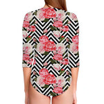 Zigzag Peony And Rose Pattern Print Long Sleeve Swimsuit