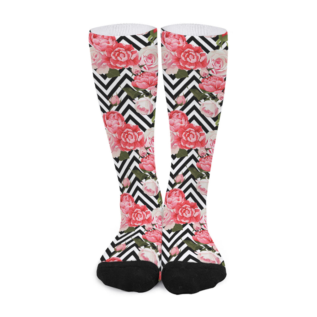 Zigzag Peony And Rose Pattern Print Long Socks