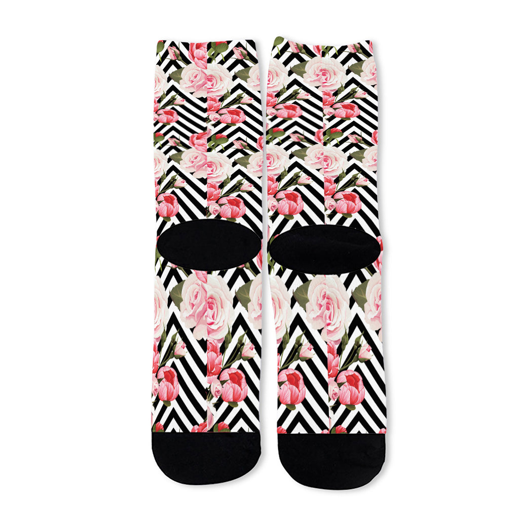 Zigzag Peony And Rose Pattern Print Long Socks