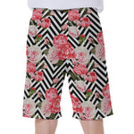 Zigzag Peony And Rose Pattern Print Men's Beach Shorts