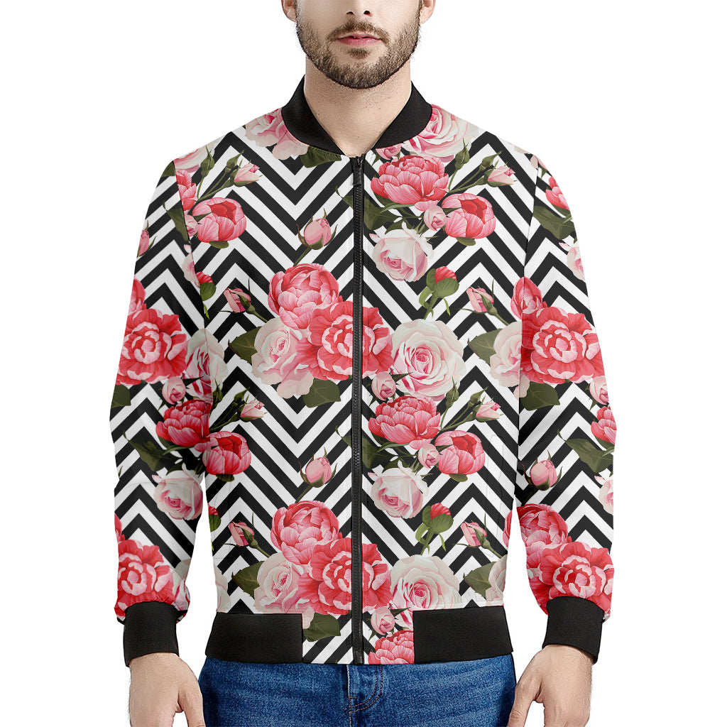 Zigzag Peony And Rose Pattern Print Men's Bomber Jacket