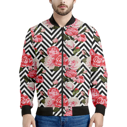 Zigzag Peony And Rose Pattern Print Men's Bomber Jacket