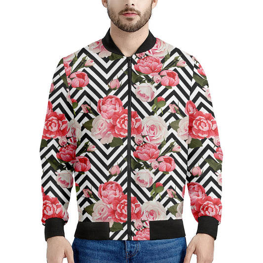 Zigzag Peony And Rose Pattern Print Men's Bomber Jacket