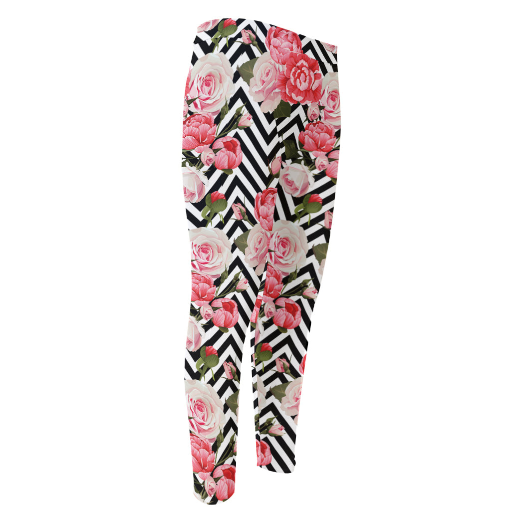 Zigzag Peony And Rose Pattern Print Men's Compression Pants