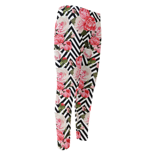 Zigzag Peony And Rose Pattern Print Men's Compression Pants