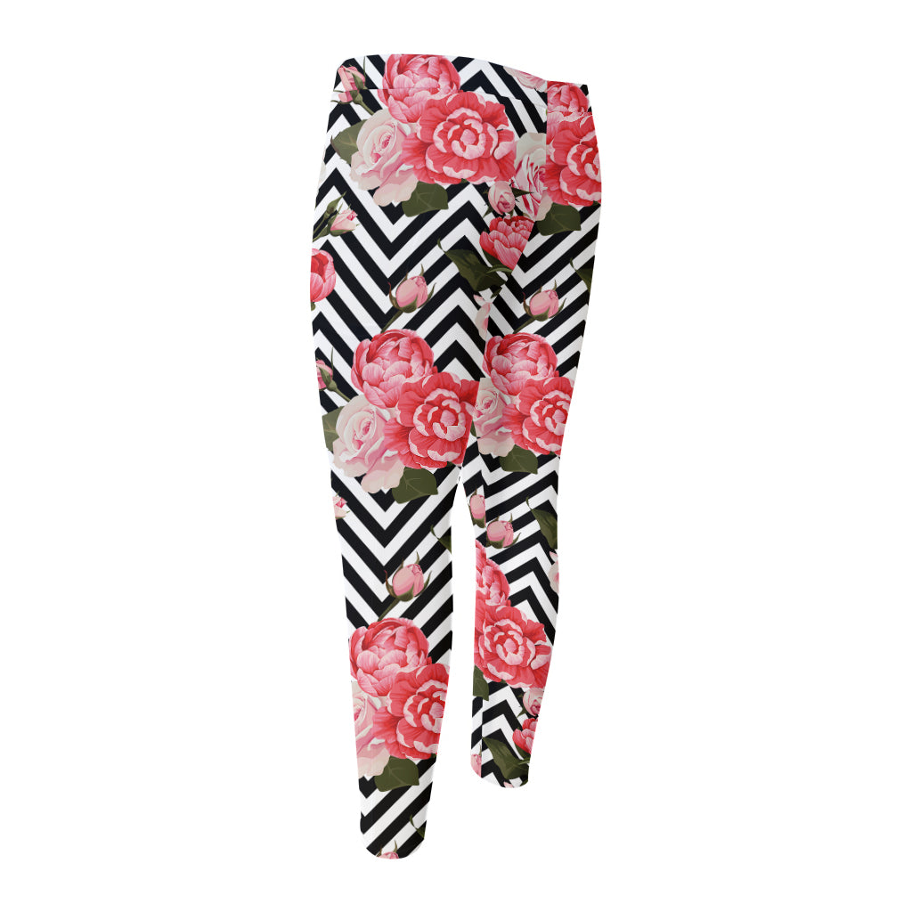 Zigzag Peony And Rose Pattern Print Men's Compression Pants