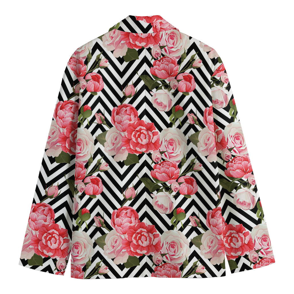 Zigzag Peony And Rose Pattern Print Men's Cotton Blazer