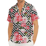Zigzag Peony And Rose Pattern Print Men's Deep V-Neck Shirt