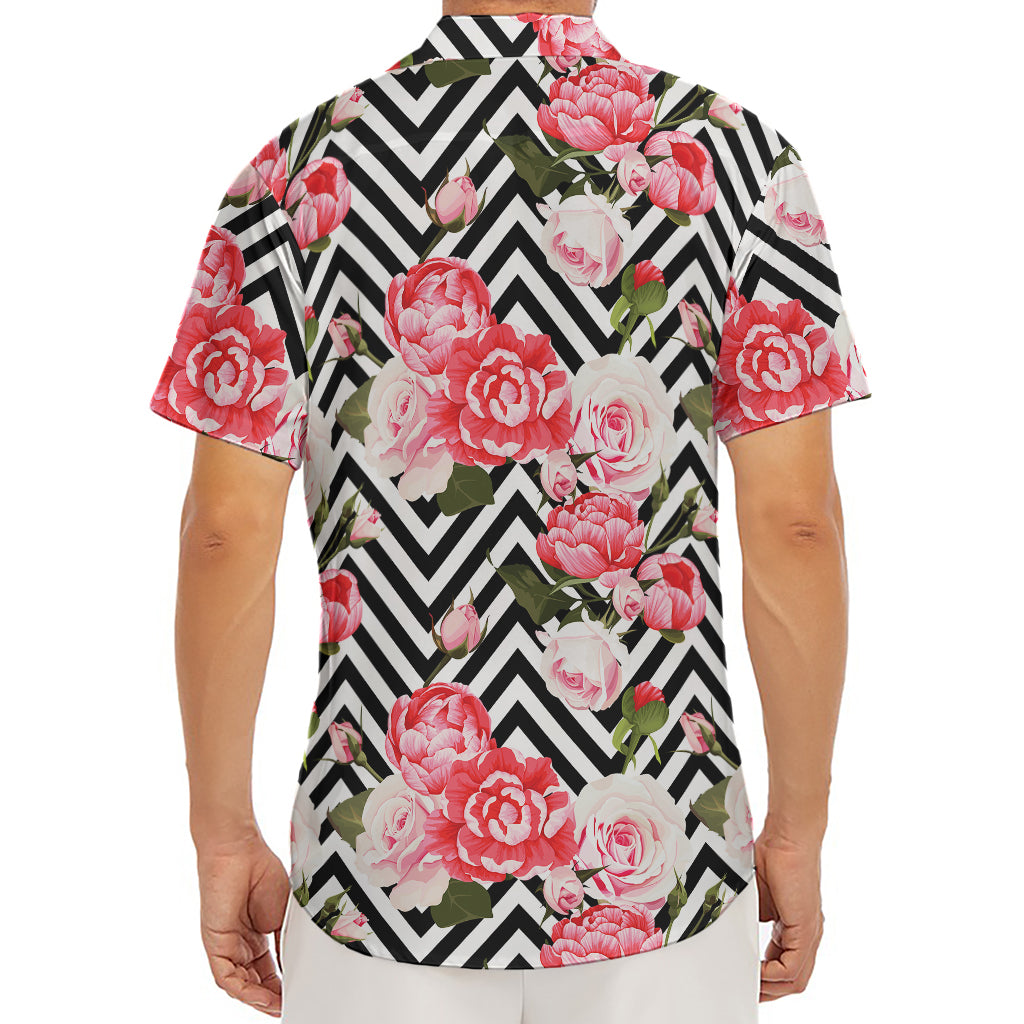 Zigzag Peony And Rose Pattern Print Men's Deep V-Neck Shirt