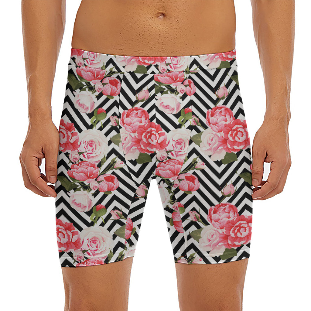 Zigzag Peony And Rose Pattern Print Men's Long Boxer Briefs