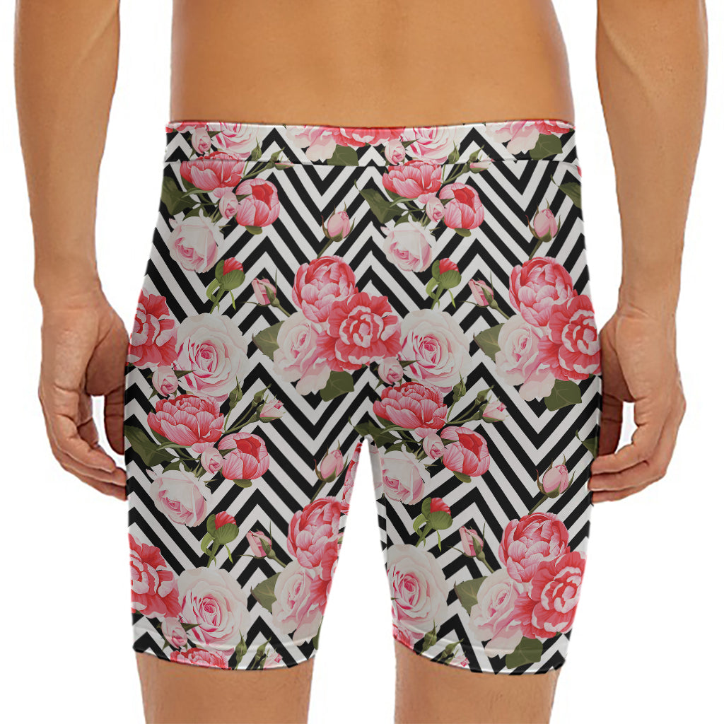 Zigzag Peony And Rose Pattern Print Men's Long Boxer Briefs