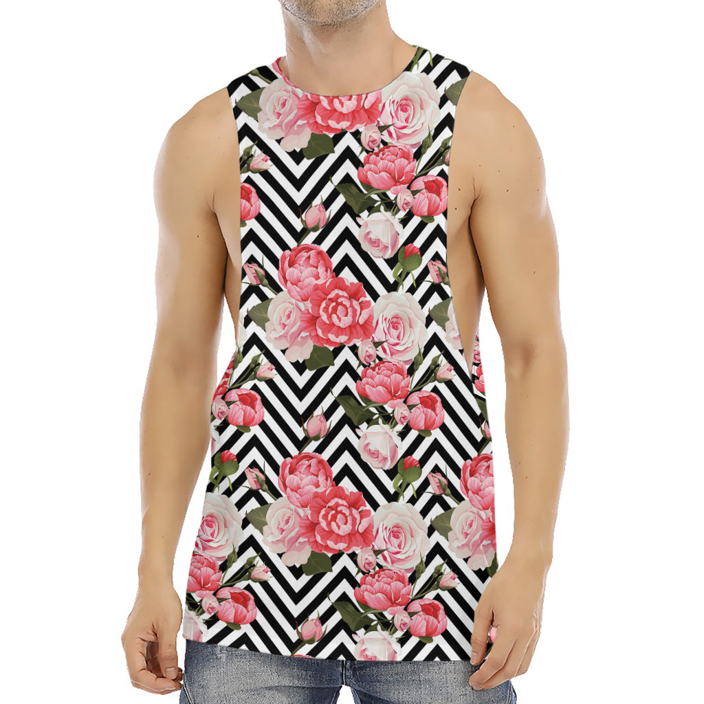 Zigzag Peony And Rose Pattern Print Men's Muscle Tank Top