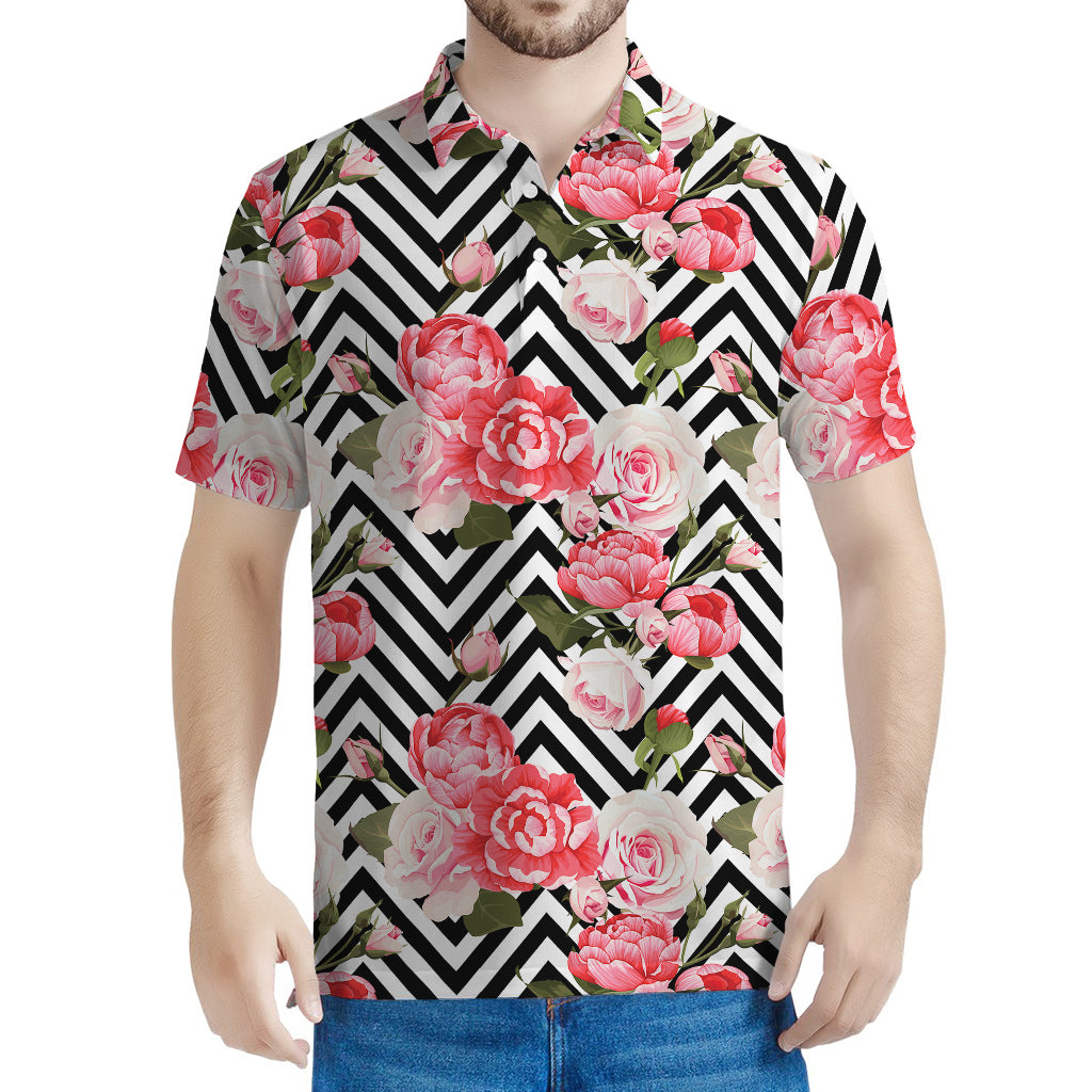 Zigzag Peony And Rose Pattern Print Men's Polo Shirt