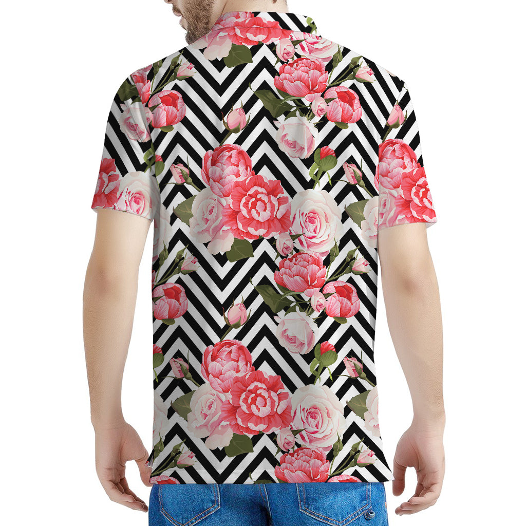Zigzag Peony And Rose Pattern Print Men's Polo Shirt