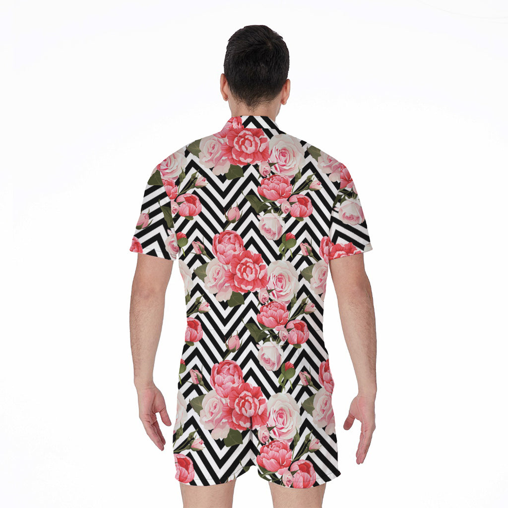 Zigzag Peony And Rose Pattern Print Men's Rompers