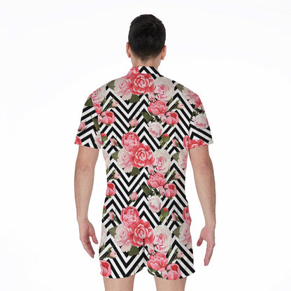 Zigzag Peony And Rose Pattern Print Men's Rompers